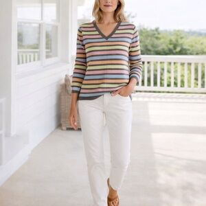 Talbots 100% Cashmere Striped Sweater XL Pastel V-Neck Soft Luxe Preppy